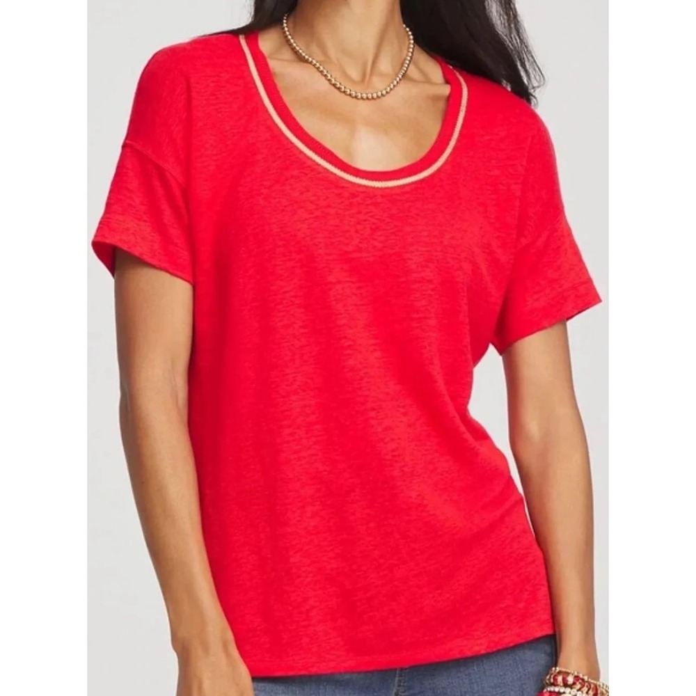 Chicos Easy Linen Tee Red Glow Gold Trim Knit Top 570387246 Womens 4 XXL